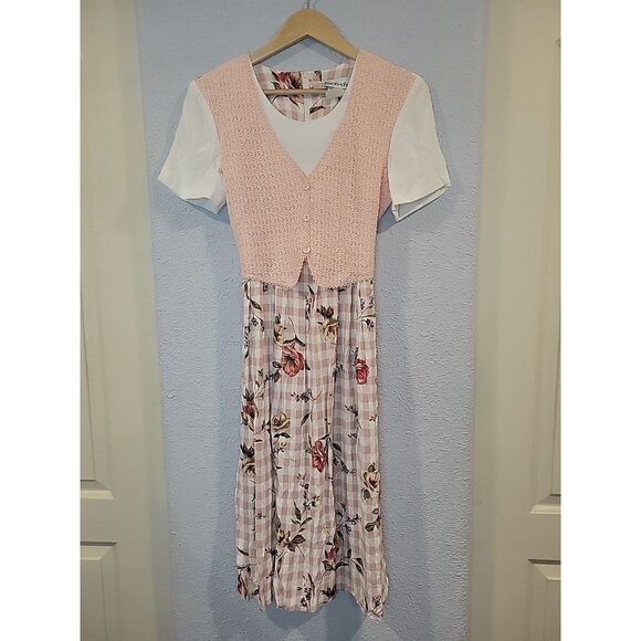 90s Vtg Allison Che Women's Size 6P Midi Dress Pink Floral Crochet Boho Check - Picture 1 of 6